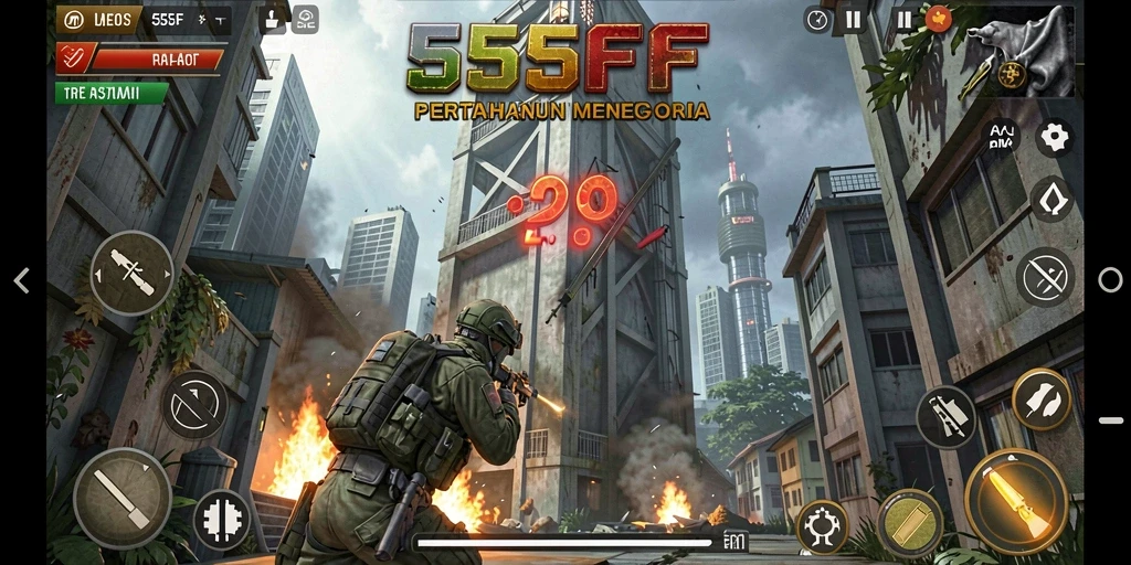 Tampilan gameplay menara yang strategis dalam 555F.