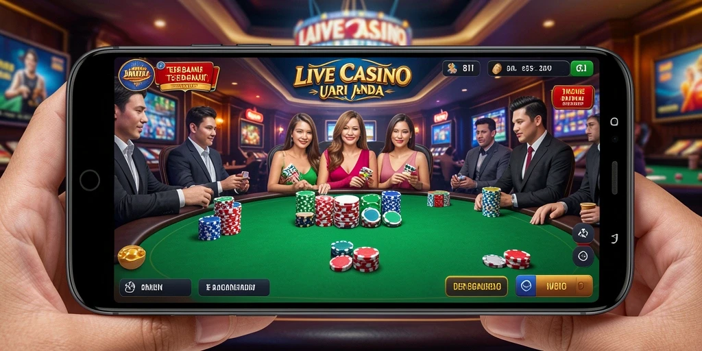 Screenshot gameplay Live Casino yang menampilkan dealer profesional dan meja permainan.