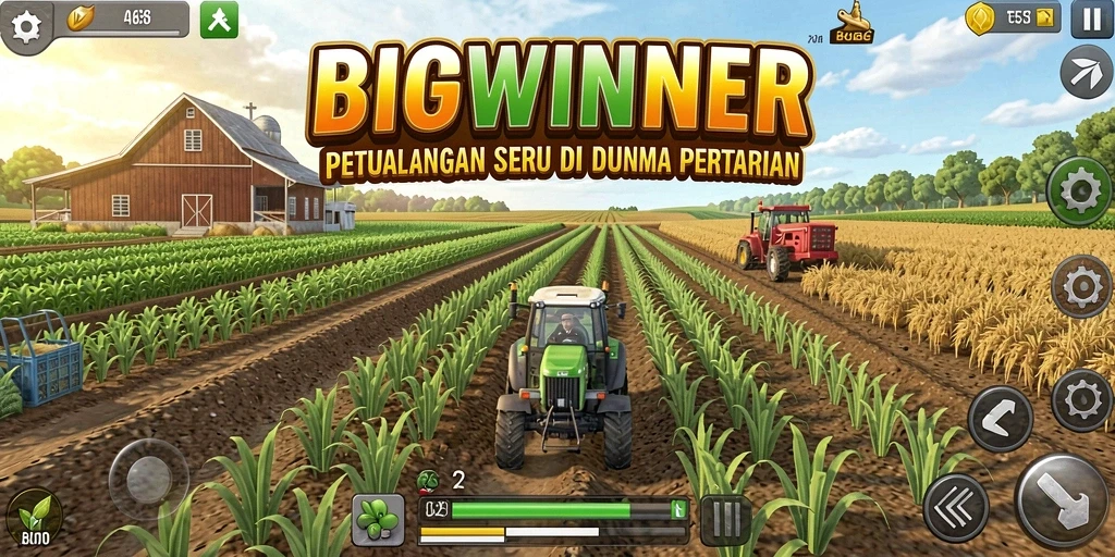 Tampilan screenshot gameplay BIGWINNER dengan aktivitas pertanian.