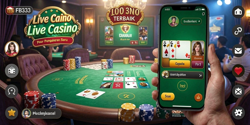 Screenshot gameplay FB333 menampilkan dealer langsung dan pemain yang sedang bermain.