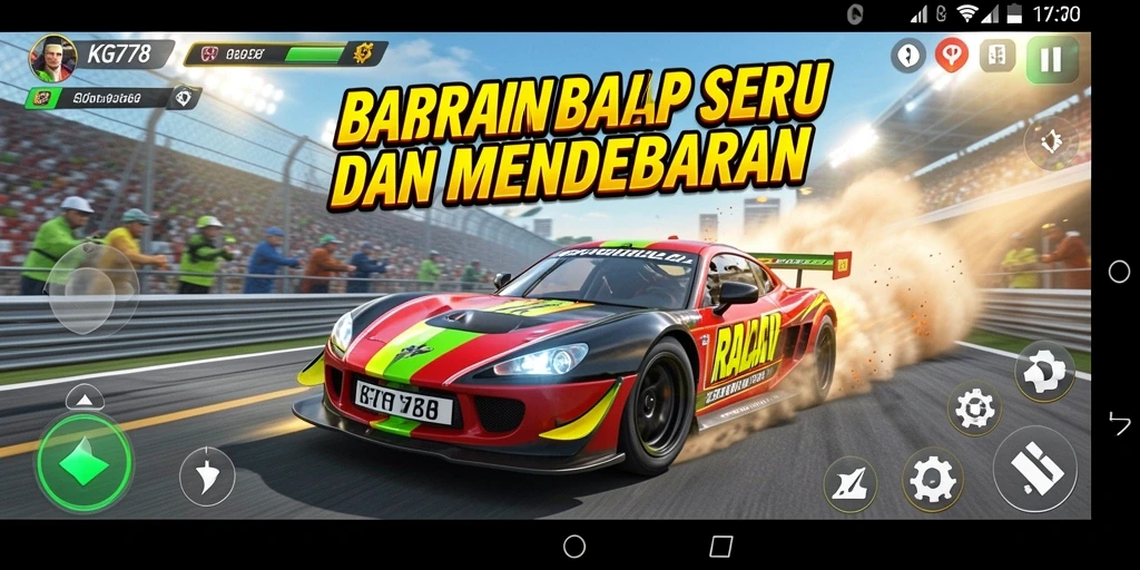 Gameplay KG778 yang mendebarkan dengan mobil balap cepat.