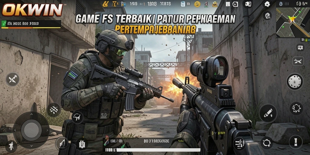 Tampilan gameplay yang mendebarkan dalam <strong>OKWIN</strong> menunjukkan aksi tembak-menembak yang intens.