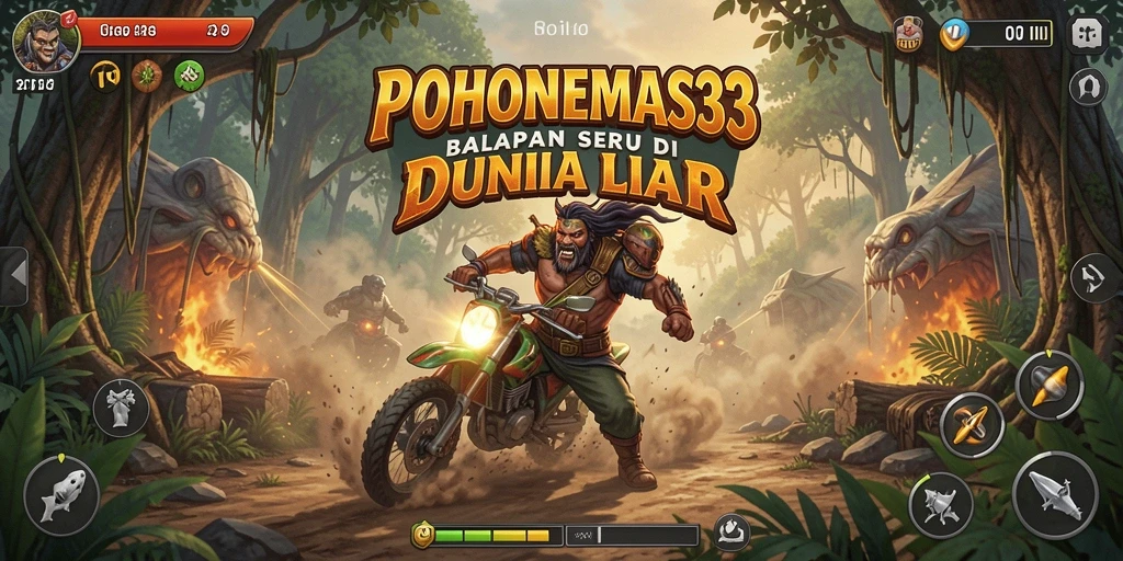 Screenshot utama POHONEMAS33 menampilkan aksi balapan mendebarkan dengan mobil berkecepatan tinggi.