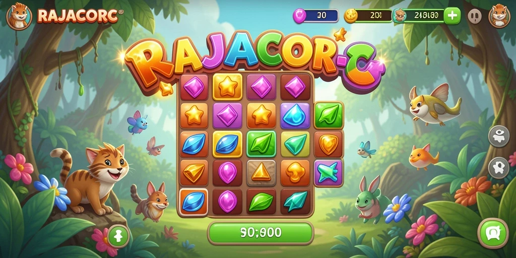 Tampilan layar permainan RAJACORC yang penuh warna dan seru.
