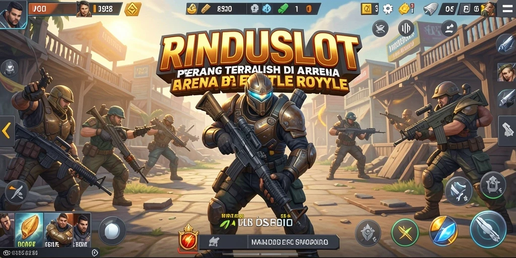 Screenshot utama RINDUSLOT menunjukkan pertempuran seru di arena Battle Royale.