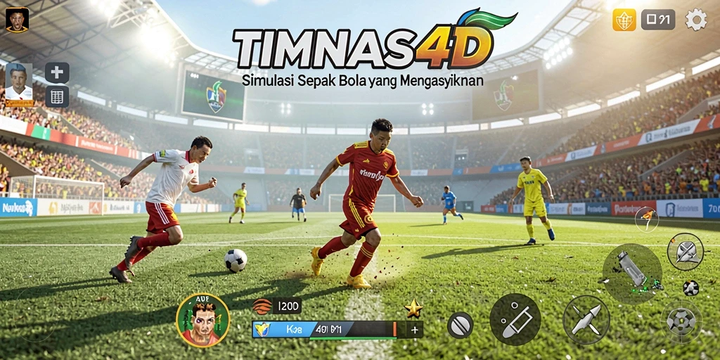 Tangkapan layar gameplay TIMNAS4D yang menggambarkan aksi pertandingan sepak bola.